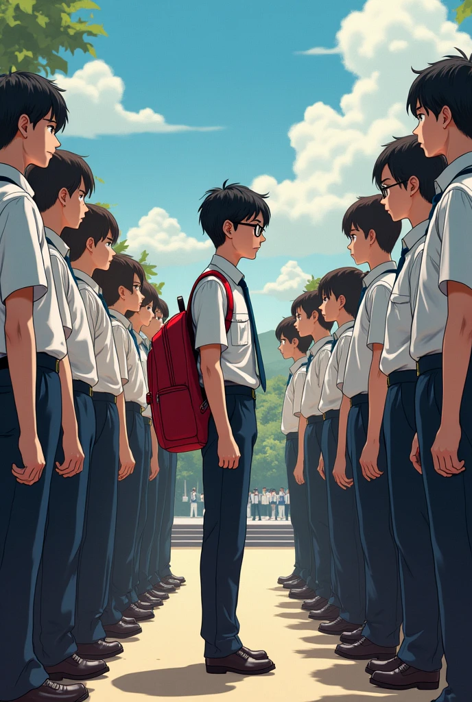 make a collage or comic that represents a boy student with black glasses wearing a uniform and carrying a red bag while doing a flag ceremony and add some other students who also doing a flag ceremony, make it like may POV looking at him and you choose what you need to put on ither side and add some kf your ideas to make it more gorgeous (make him tall and side view and handsome) remove the flag and make all the students also side view looking at one stage not like in the middle make him part of the line and remove the flag or change the flag Philippines dont punt any flag and make the students forming in one line just like filipino traditios