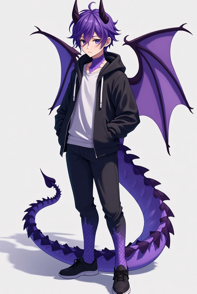 1male, teenager boy, violet dragon scales on legs, violet dragon scales on hands, violet dragon scales on neck, violet dragon scales on side torso, violet dragon tail on back waist, violet dragon wings on back, violet dragon eyes, violet dragon horns on head, purple pupils, black jacket with asymmetrical fields and long sleeves, high collar and two buttons on the left side, black trousers without a belt, black shoes, purple hair, calm look, calming pose with hands in pockets, closed mouth, full focus on body, look at the viewer, anime style, 16K, Best quality, high quality, accurate, masterpiece, uhd, retina, anatomically correct, textured skin, high details, award winning