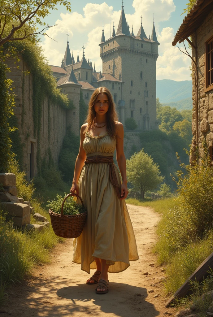 A medieval peasant woman standing on a dirt path, dressed in simple strapless woolen clothing, with a stone castle towering in the background. The scene is set during the golden hour, with the sun casting warm, soft light across the landscape. The castle's tall spires and walls are adorned with ivy, and the woman carries a woven basket filled with freshly picked herbs.Premiado várias vezes, Obra-prima, Anatomicamente correto,
