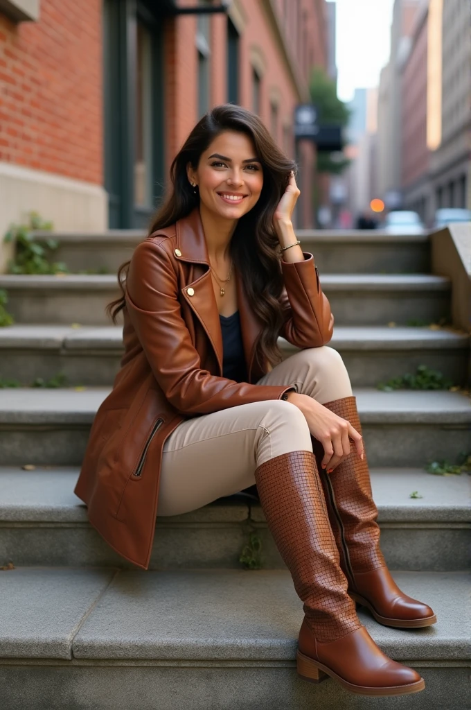 Photorealistic image of a woman sitting on stone steps in an urban environment. She is wearing a brown leather jacket, beige pants, and stylish knee-high brown boots with a textured pattern. The background features a brick wall and a view of city buildings, capturing the essence of a casual, chic urban look. The woman’s relaxed pose and friendly expression add to the scene’s warm and approachable vibe. The lighting is natural, highlighting the textures of her outfit and the surrounding environment. High resolution, 8k, with a Canon EOS R5 and a 50mm lens.