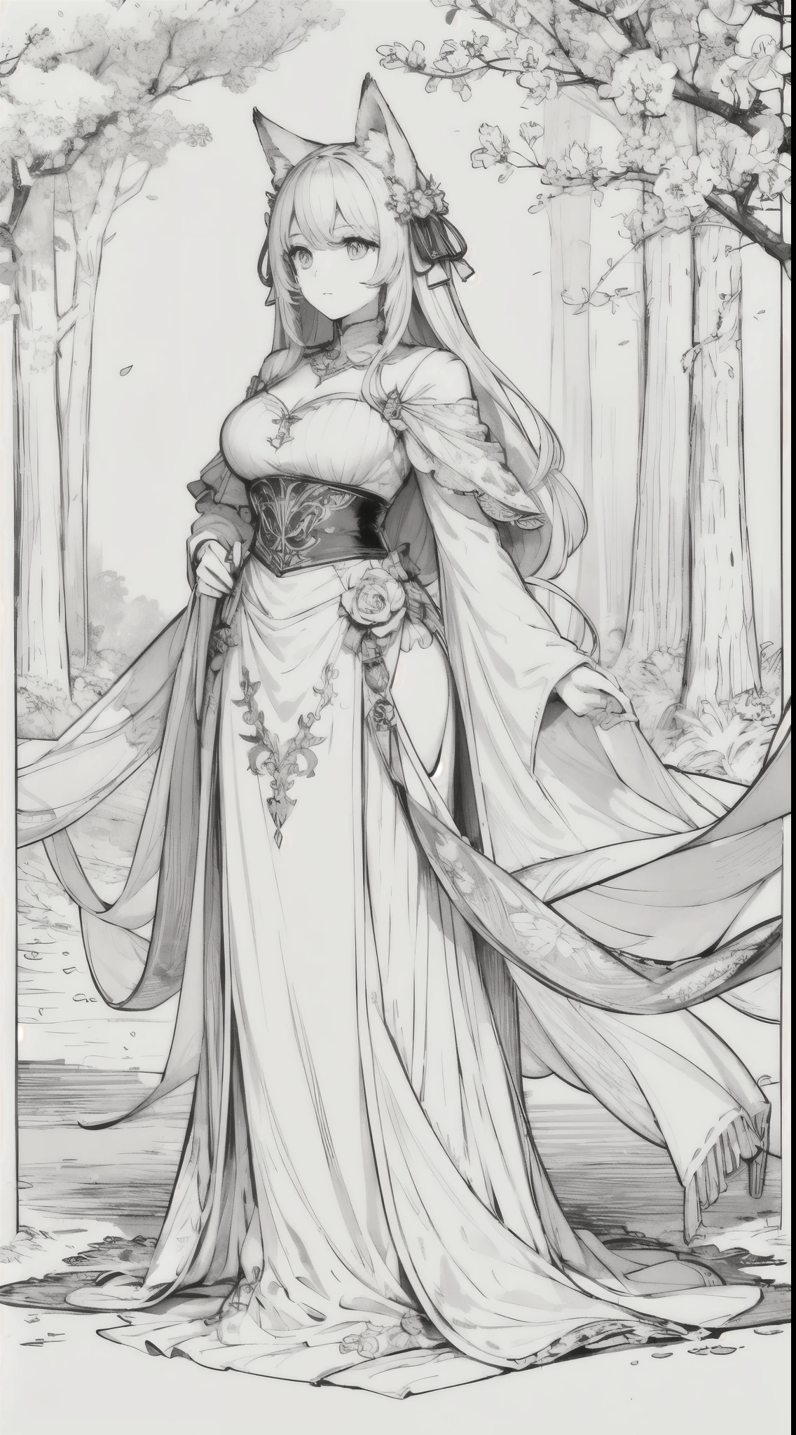 masterpiece, superlative, fox ears, Zhunsky , One, bust, full length, trees, Drawing a line background, White background, monochrome, Drawing a line, ((sketch))
