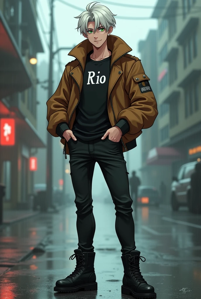 Erkek cocuk, pele caucasiana, 20 year, White hair, wearing black jeans, wearing black boots, White T-shirt and her name 'RIO' has written on that, with brown aviator jacket, greeneyes,curved body, cocked ass, cyberpunk atmosphere, Raby, アニメ, .Smile,Blonde Hair,
