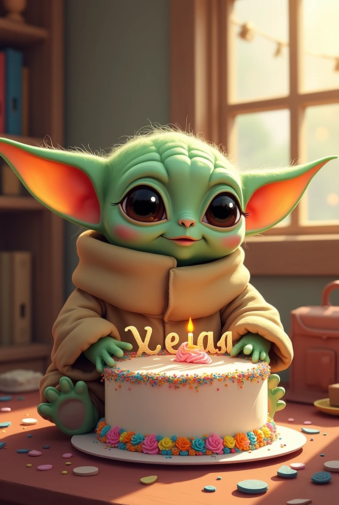 Baby Yoda with a cake that says "HAPPY BIRTHDAY VEGA"