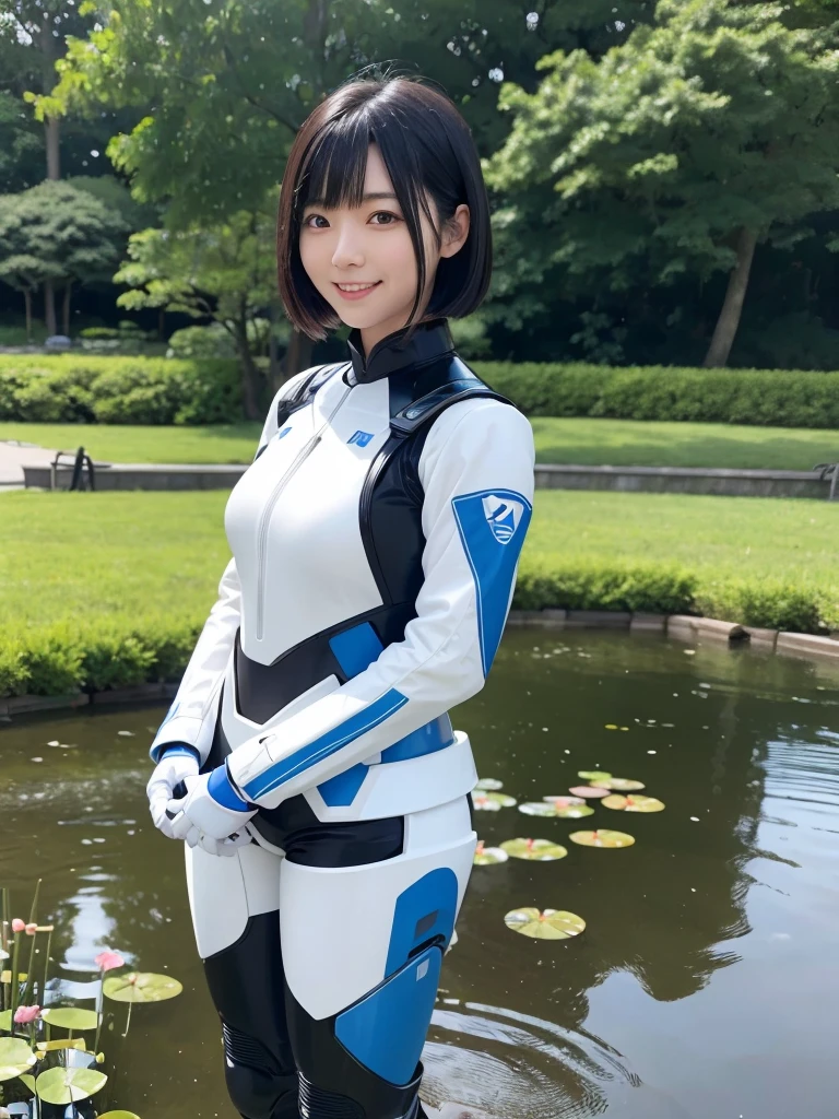 Japanese female android,Black Hair,White and blue robot suit,Plump,Walking along a hiking trail,smile