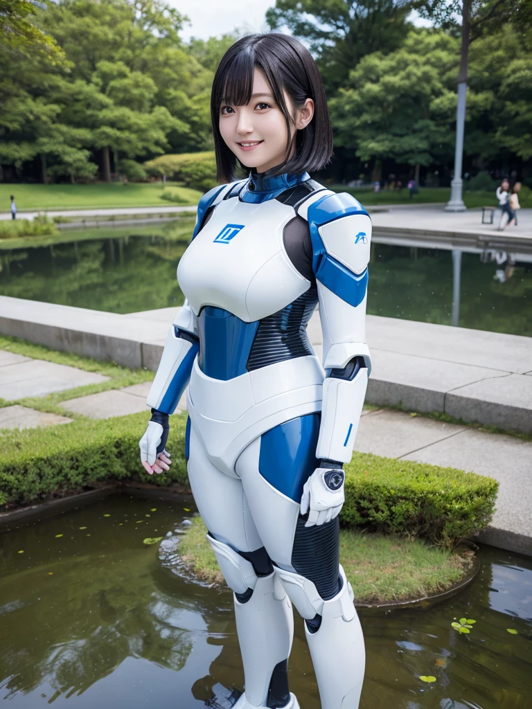 Japanese female android,Black Hair,White and blue robot suit,Plump,Standing in front of a pond in the park,smile
