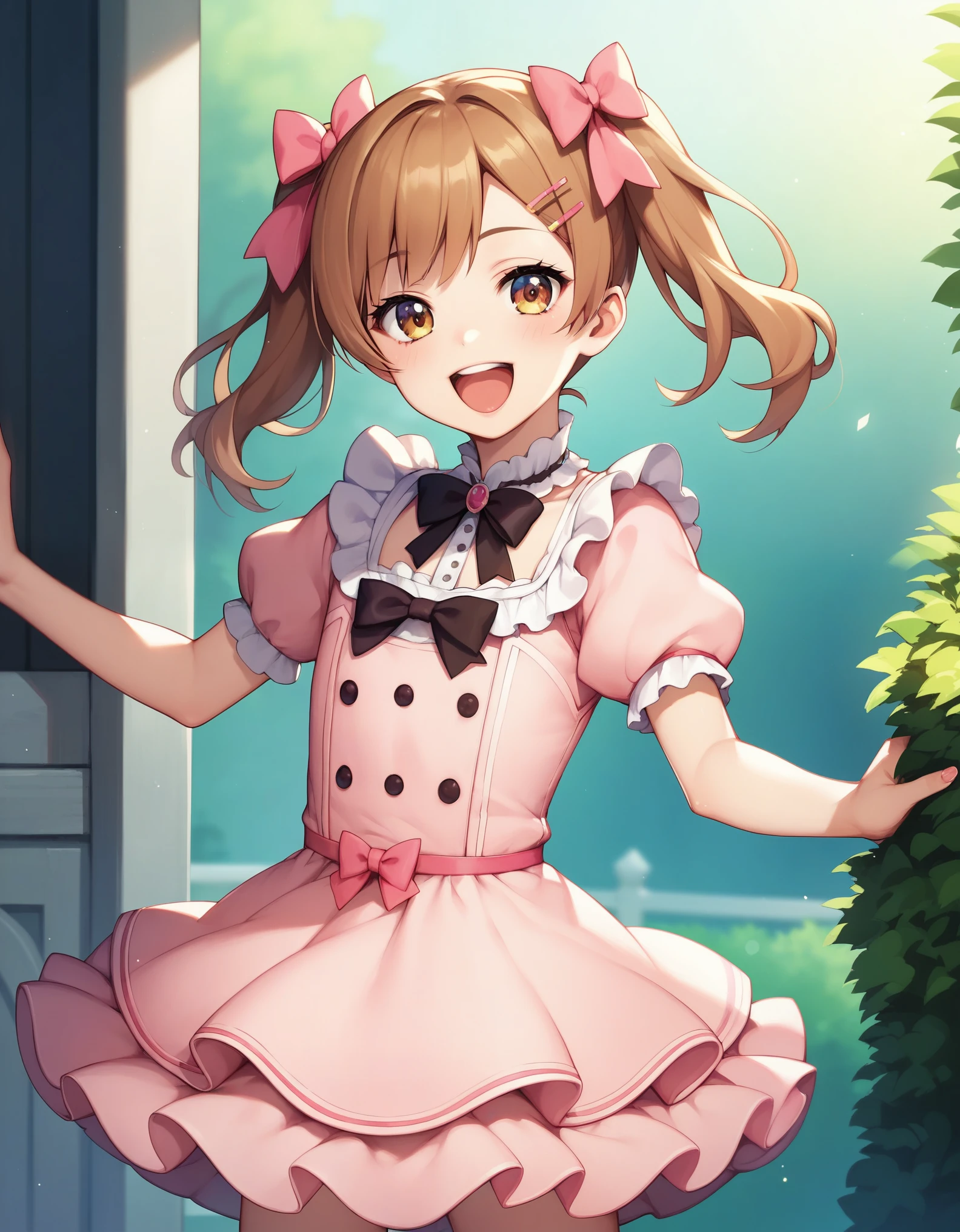 (masterpiece:1.2), best quality, highres, original, (extremely detailed:1.2), ultra-detailed, wallpaper, perfect lighting,(extremely detailed CG:1.2), 8k, anime illustration, HD, cute, kawaii, 1boy, crossdressing, solo, tomgirl, (brown hair, open the mouth, laughing, happy, hairclip:1.1), (Lolita Fashion, short sleeves, pink dress, mini dress, delicate dress, ruffles hemline, ribbon on dress, flat chest, breastless:1.2), thighs, standing, looking at viewer, frontal, outdoor, sunny