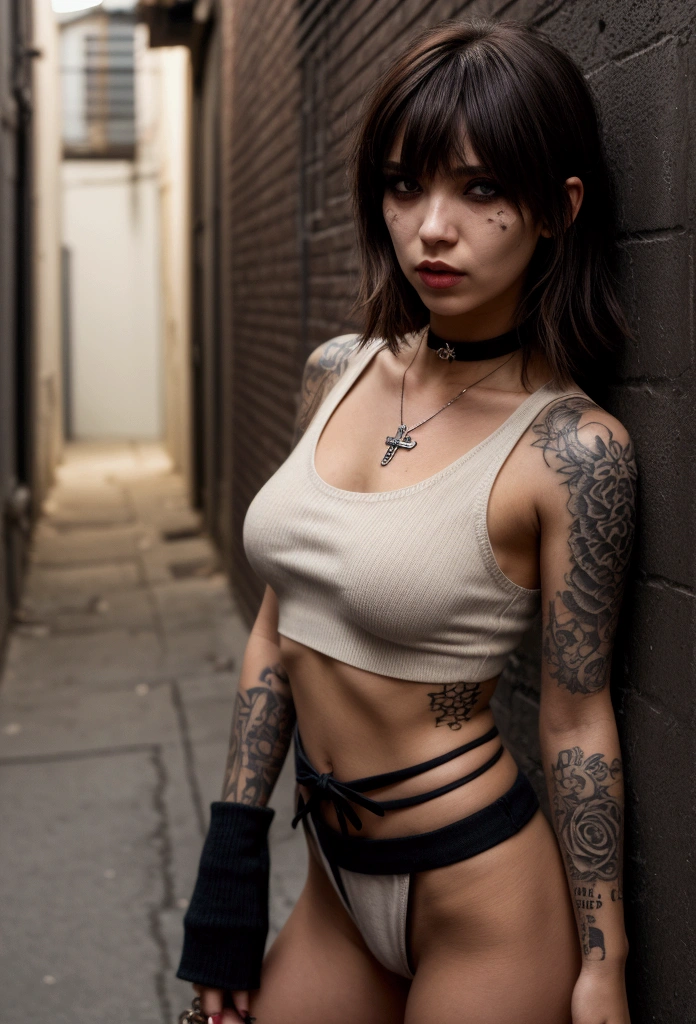 Girl in an alley, bangs covering her eye and brown hair, black choker with a cross necklace, scars on the face and a septum in the nose, plain white tank top, yakuza style tattoos on arms, marked abdomen, defined muscles, sweater tied at the waist, smoking a cigarette, butterfly knife in his hand