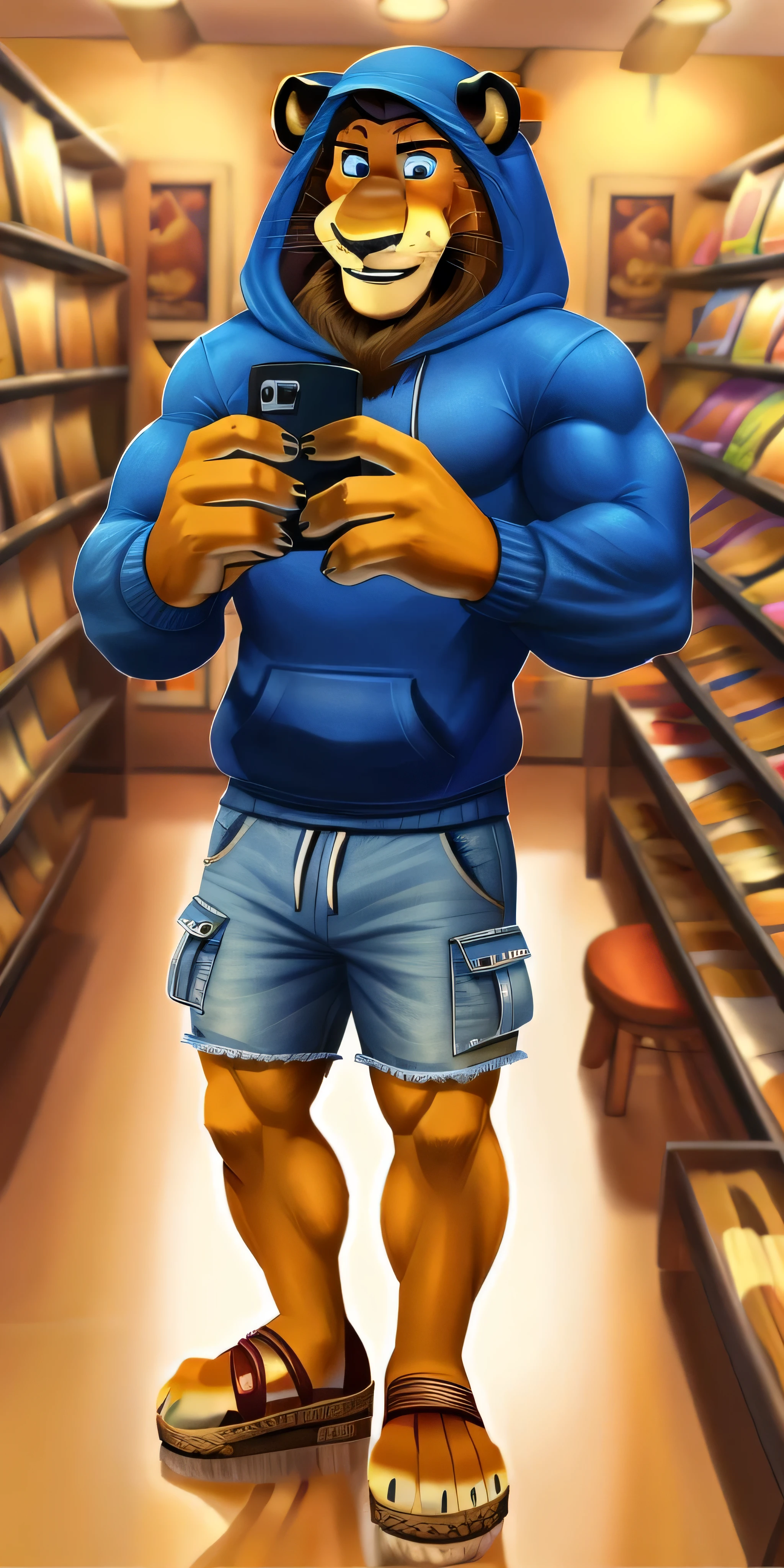 Alex the Lion, muscular body, big biceps, extremely beautiful and cute face, perfectly detailed blue eyes with perfectly detailed pupils, wears blue sweatshirt, hood, denim cargo shorts, trying on sandals, shoes store background, selfie, gentle look, cute smile