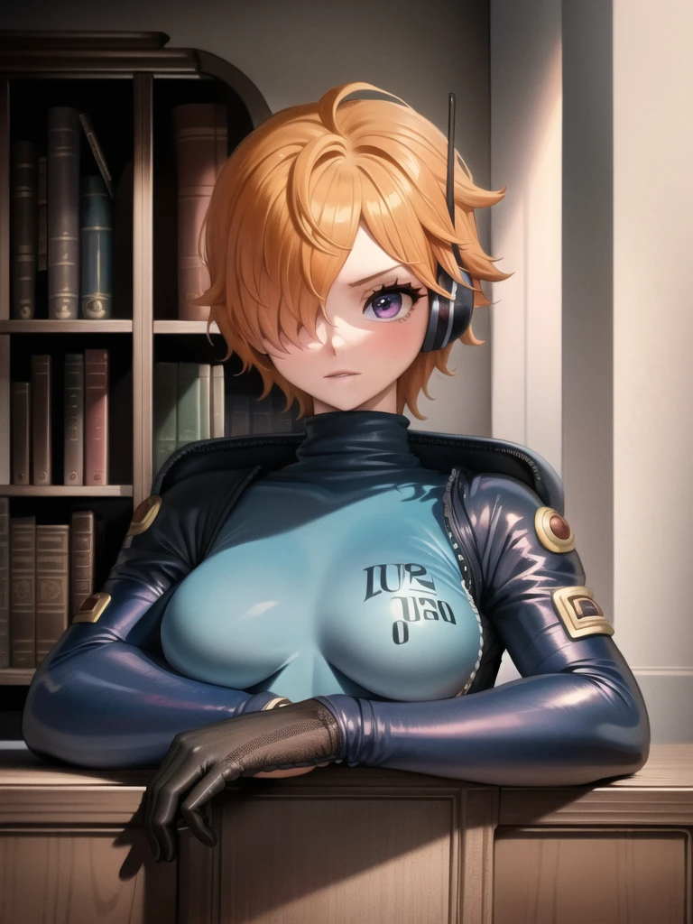 masterpiece, ((ultra detailed background, delicate pattern, intricate detail)), (highly detailed, fine details), best quality, beautiful lighting, ((medium breasts, slim girl)), 1girl, Lilith, (bangs covering one eye), ((light orange hair)), headphones, purple eyes, dark-blue jacket, ((pink bodysuit, full-body suit)), complex detailed background, inside, castle room environment, medieval castle, gray walls, window, bookshelf, (close-up, portrait),