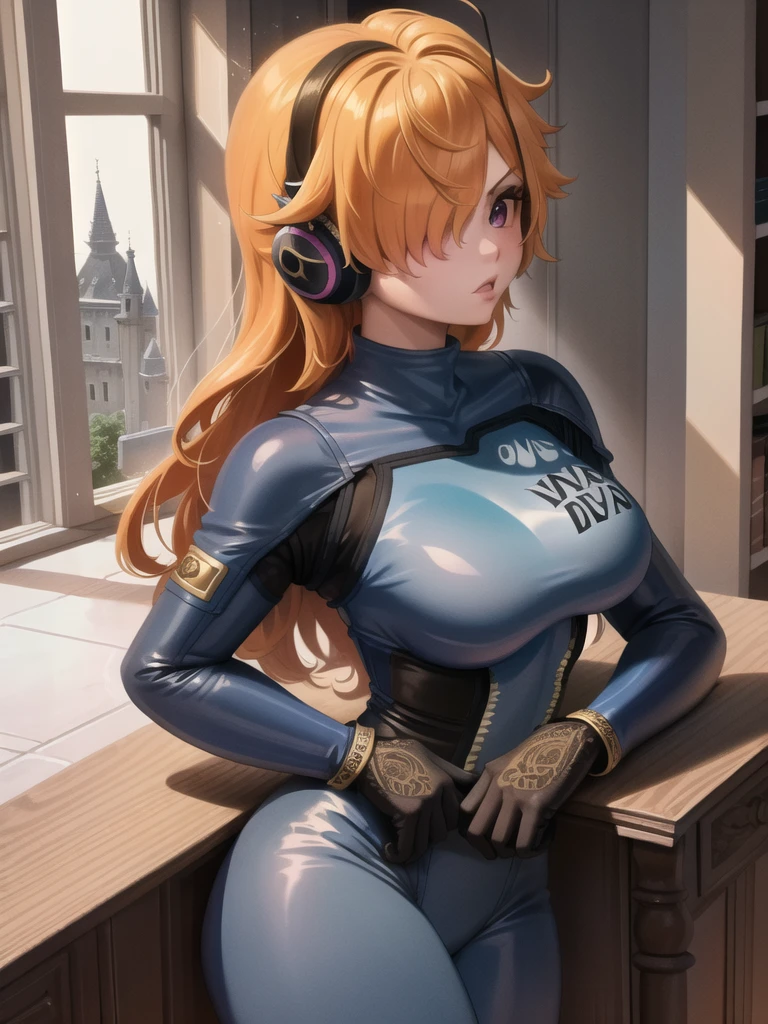 masterpiece, ((ultra detailed background, delicate pattern, intricate detail)), (highly detailed, fine details), best quality, beautiful lighting, ((medium breasts, slim girl)), 1girl, Lilith, (bangs covering one eye), ((light orange hair)), headphones, purple eyes, dark-blue jacket, ((pink bodysuit, full-body suit)), complex detailed background, inside, castle room environment, medieval castle, gray walls, window, bookshelf, (close-up, portrait),