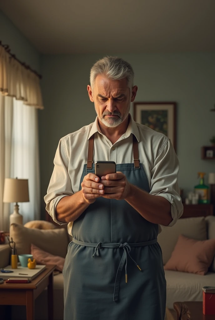 A person whos holding a phone and the household chore didn't do