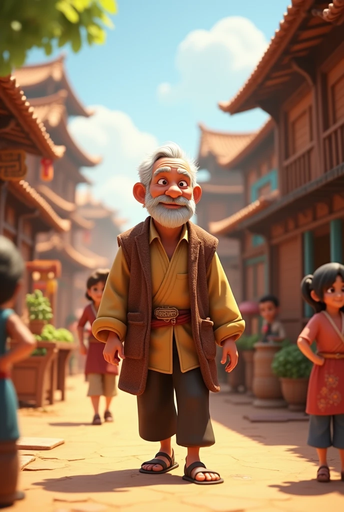 Need 3d animation style for An older Mannu walking through the village, now prosperous and happy, as people still tell the story of the magical bracelet and her good deeds.  