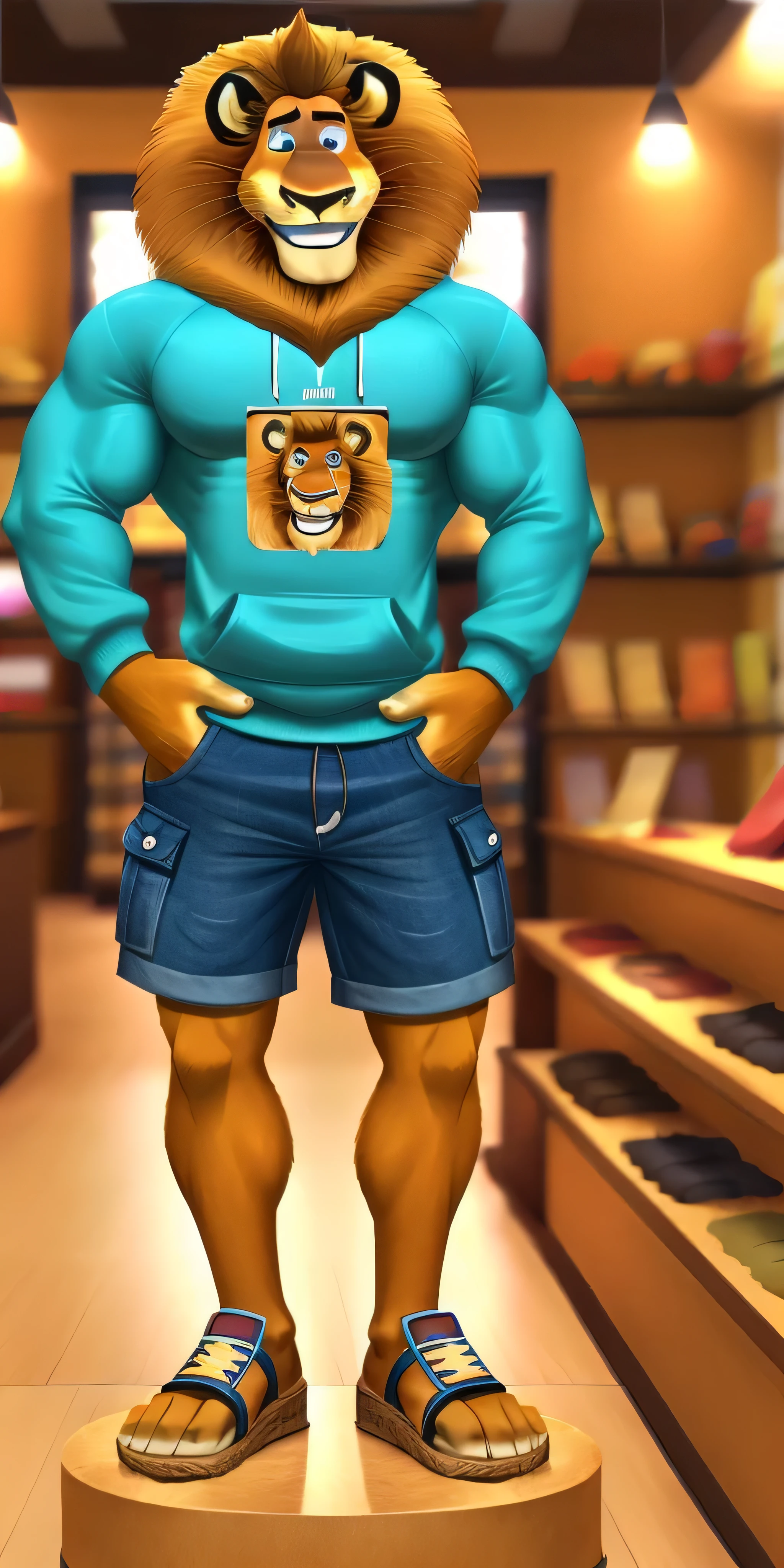 Alex the Lion, muscular body, big biceps, extremely beautiful and cute face, perfectly detailed blue eyes with perfectly detailed pupils, wears cyan sweatshirt, denim cargo shorts, trying on sandals, shoes store background, selfie, gentle look, cute smile