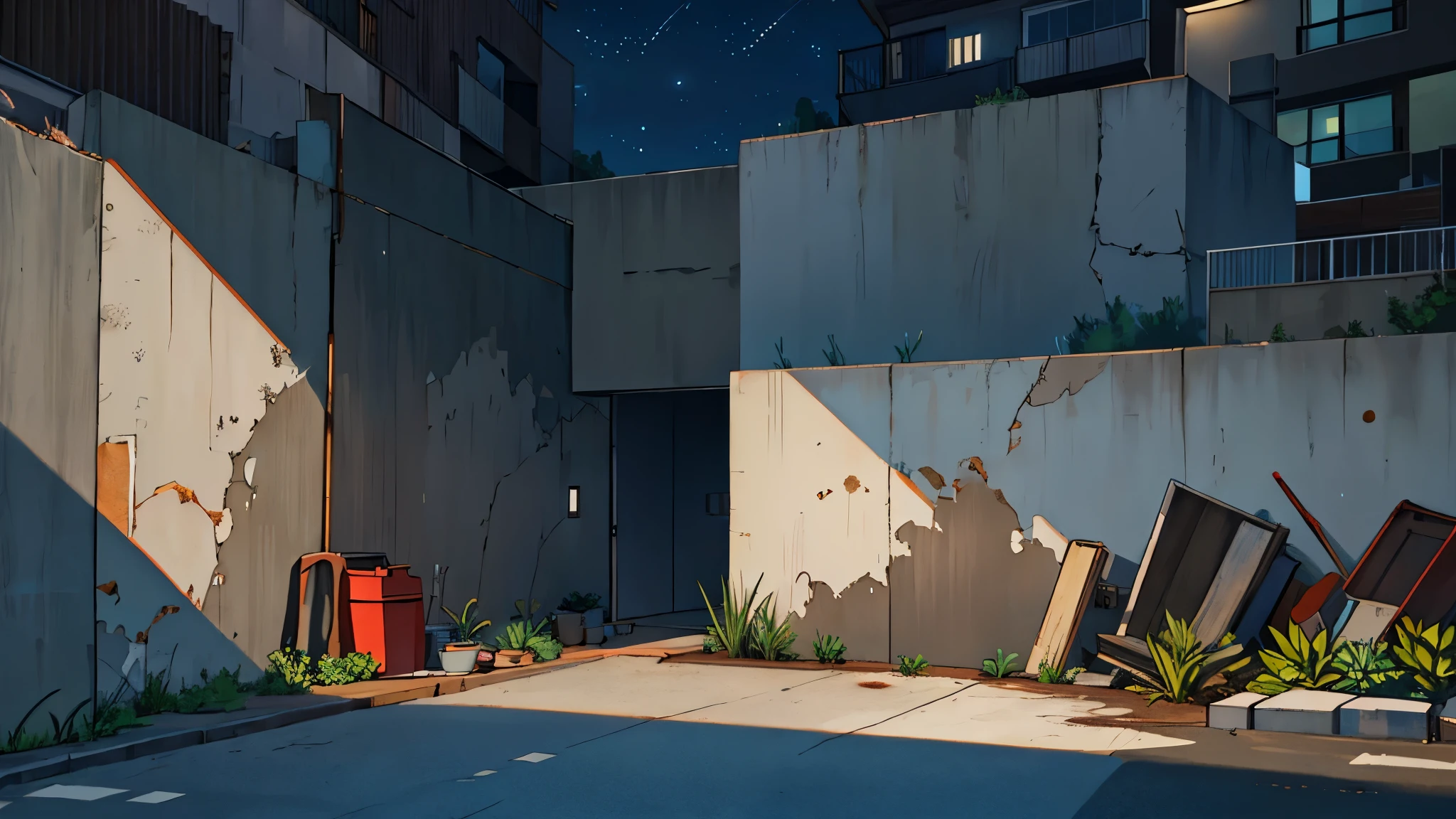 against a concrete wall, neighborhood, at night, no humans, no persons