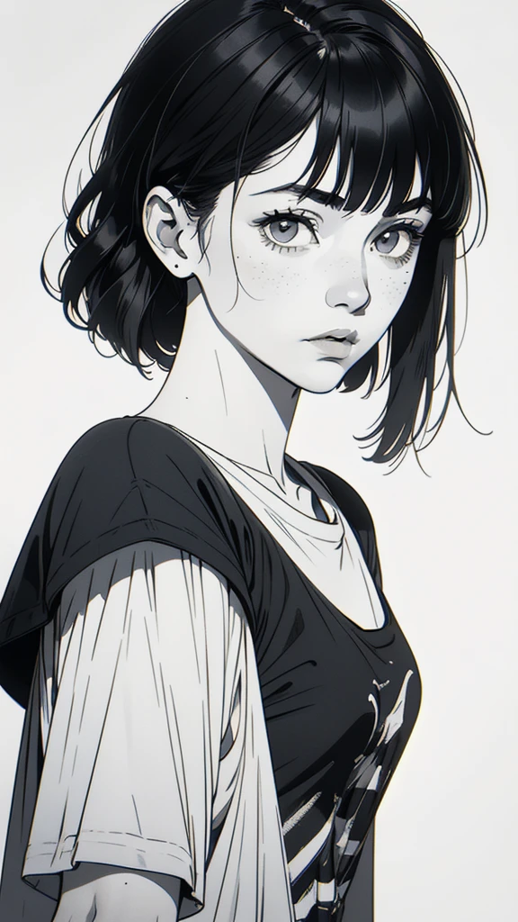 1 boyish girl, solo, sharp eyes, monochrome, greyscale, shoulder length black bangs hair, portrait, (blank white T-shirt), Thin eyebrows, closed mouth, looking at viewer, detailed lips, hatching \(texture\), without makeup, upper body, (best illustration), (best quality), (very detailed), (masterpiece), expressionless,