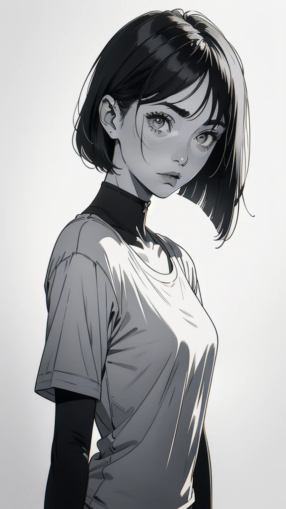 1 boyish girl, solo, sharp eyes, monochrome, greyscale, shoulder length black bangs hair, portrait, (blank white T-shirt), Thin eyebrows, closed mouth, looking at viewer, detailed lips, hatching \(texture\), without makeup, upper body, (best illustration), (best quality), (very detailed), (masterpiece), expressionless,