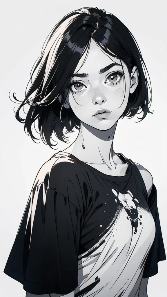 1 boyish girl, solo, sharp eyes, monochrome, greyscale, shoulder length black bangs hair, portrait, (blank white T-shirt), Thin eyebrows, closed mouth, looking at viewer, detailed lips, hatching \(texture\), without makeup, upper body, (best illustration), (best quality), (very detailed), (masterpiece), expressionless,