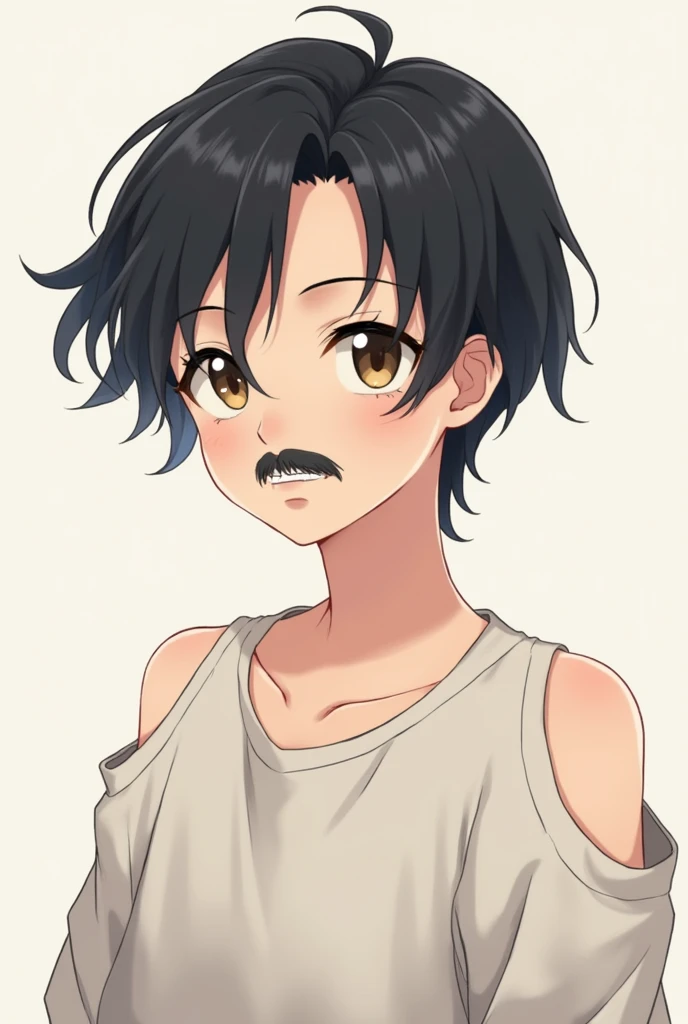 An anime character boy with no beard but with some moustaches black hair and wearing drop shoulders