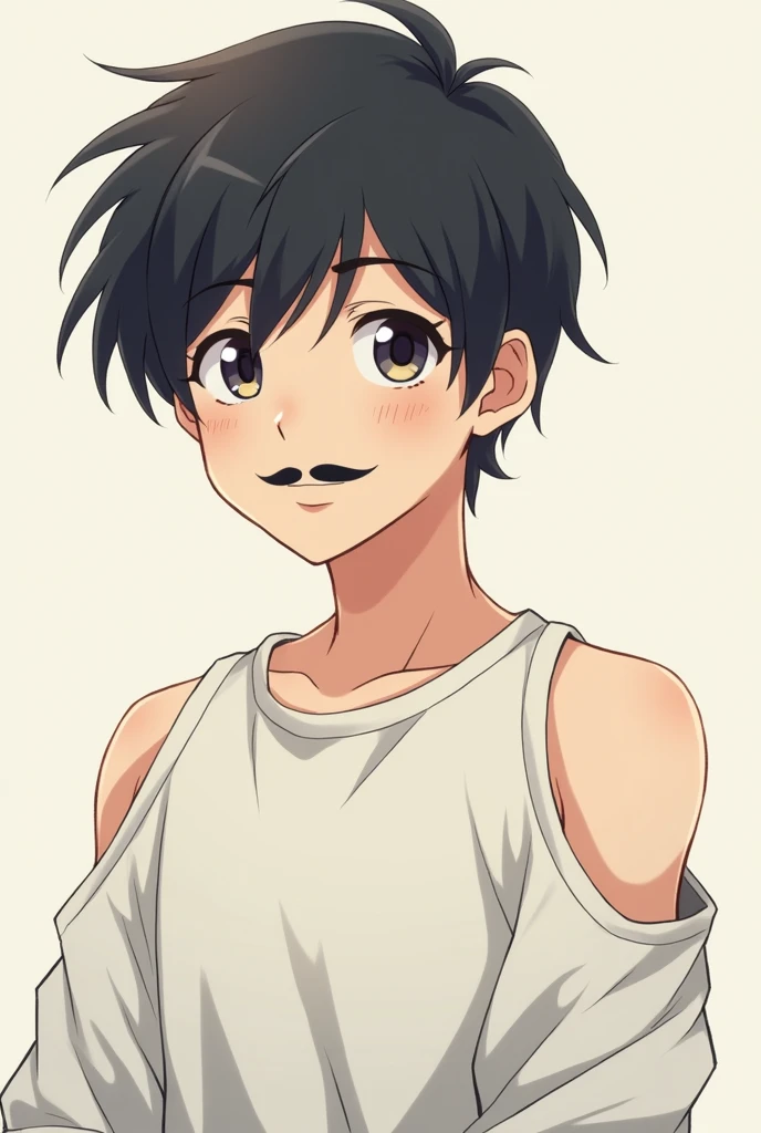 An anime character boy with no beard but with some moustaches black hair and wearing drop shoulders