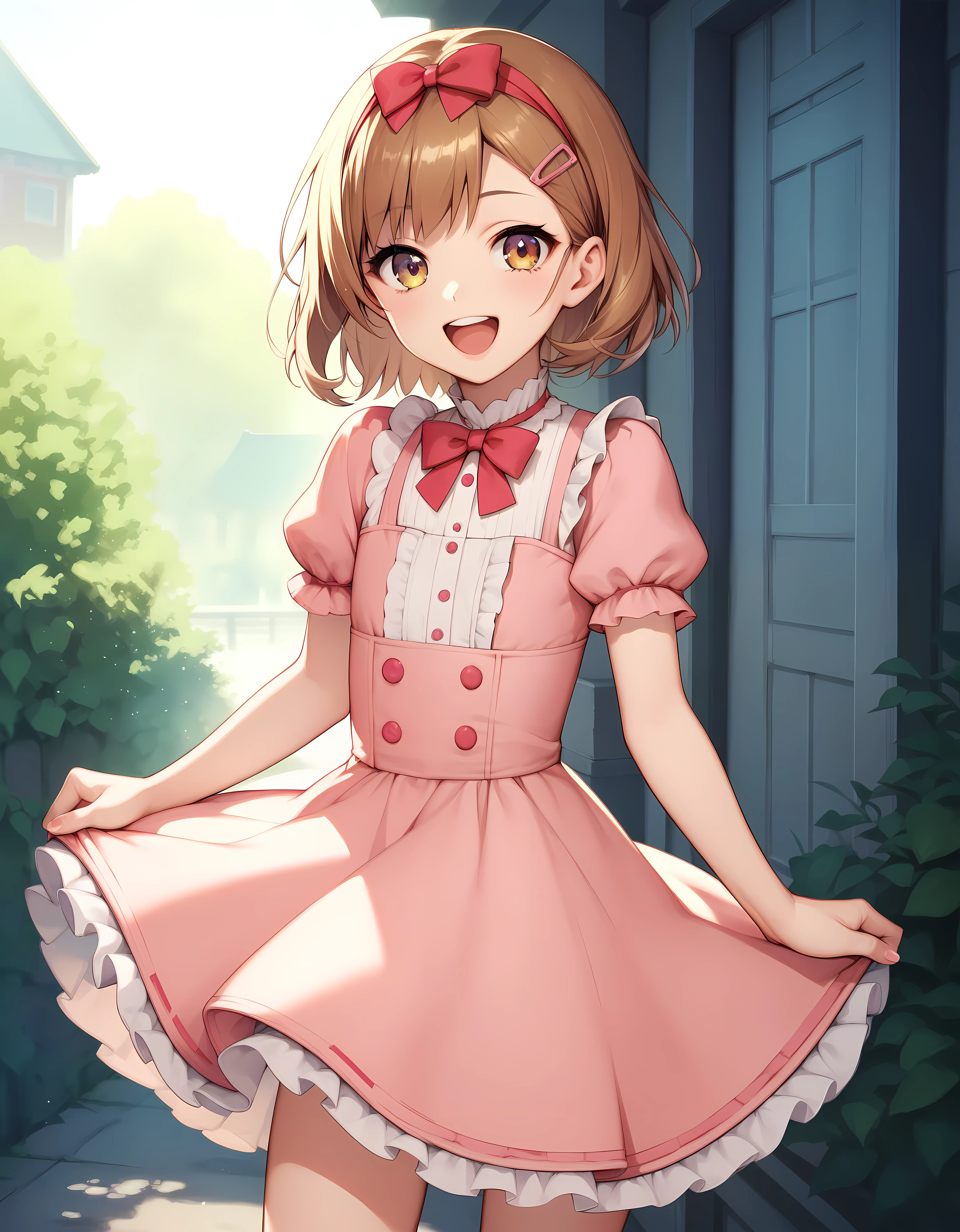 (masterpiece:1.2), best quality, highres, original, (extremely detailed:1.2), ultra-detailed, wallpaper, perfect lighting,(extremely detailed CG:1.2), 8k, anime illustration, HD, cute, kawaii, 1boy, crossdressing, solo, tomgirl, (brown hair, open the mouth, laughing, happy, hairclip:1.1), (Lolita Fashion, short sleeves, pink dress, mini dress, delicate dress, ruffles hemline, ribbon on dress, flat chest, breastless:1.2), thighs, standing, looking at viewer, frontal, outdoor, sunny