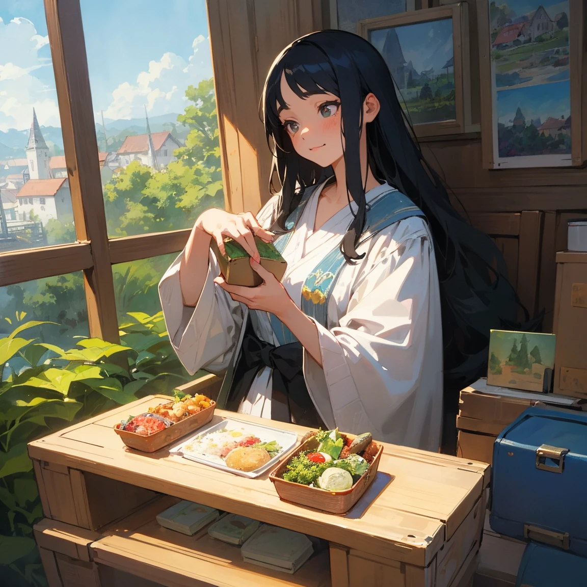 Illustrations for children's picture books,realistic, detailed illustration,A touching moment between a plump, kind-looking witch in her 40s and a named Aya with long black hair. The witch is gently handing a beautifully decorated bento box to Aya. Despite the witch's warm smile and the magical sparkles emanating from the bento, Aya's expression remains sad and distant as she receives the box. The background suggests a quaint town setting, possibly near the bento shop, (focus on lunch box:1.2)., hand-painted style, digital art touch,(illustration:1.5), (Watercolor:1,2)
