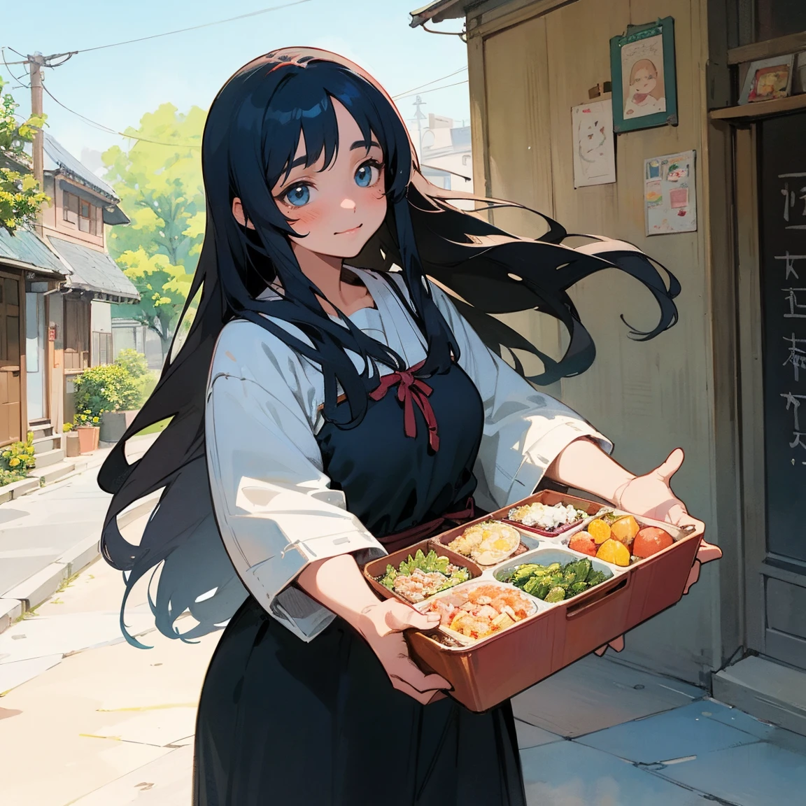 Illustrations for children's picture books,realistic, detailed illustration,A touching moment between a plump, kind-looking witch in her 40s and a  named Aya with long black hair. The witch is gently handing a beautifully decorated bento box to Aya. Despite the witch's warm smile and the magical sparkles emanating from the bento, Aya's expression remains sad and distant as she receives the box. The background suggests a quaint town setting, possibly near the bento shop, (focus on lunch box:1.2)., hand-painted style, digital art touch,(illustration:1.5), (Watercolor:1,2)