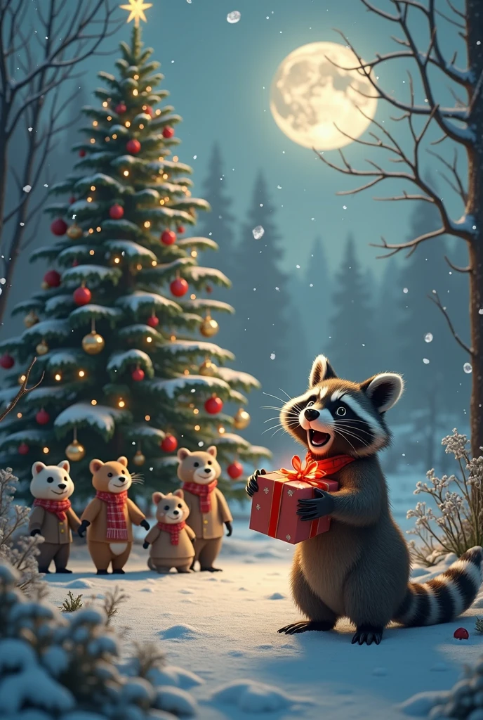 Good raccoon, gives gifts to all the animals for the New Year ,beautiful and mysterious nature around , The moon is shining, snow falls , raccoon laughing offers gifts, behind there is a tall, elegant Christmas tree and many animals with people and children.