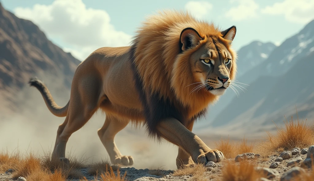 On the bare, plantless mountain there is a wild animal that looks like a mountain cat.,Long, long hair on the head(best quality,4K,8k,High level,masterpiece:1.2),Ultra Detailed,(lifelike,Photo real,Photo real:1.37)