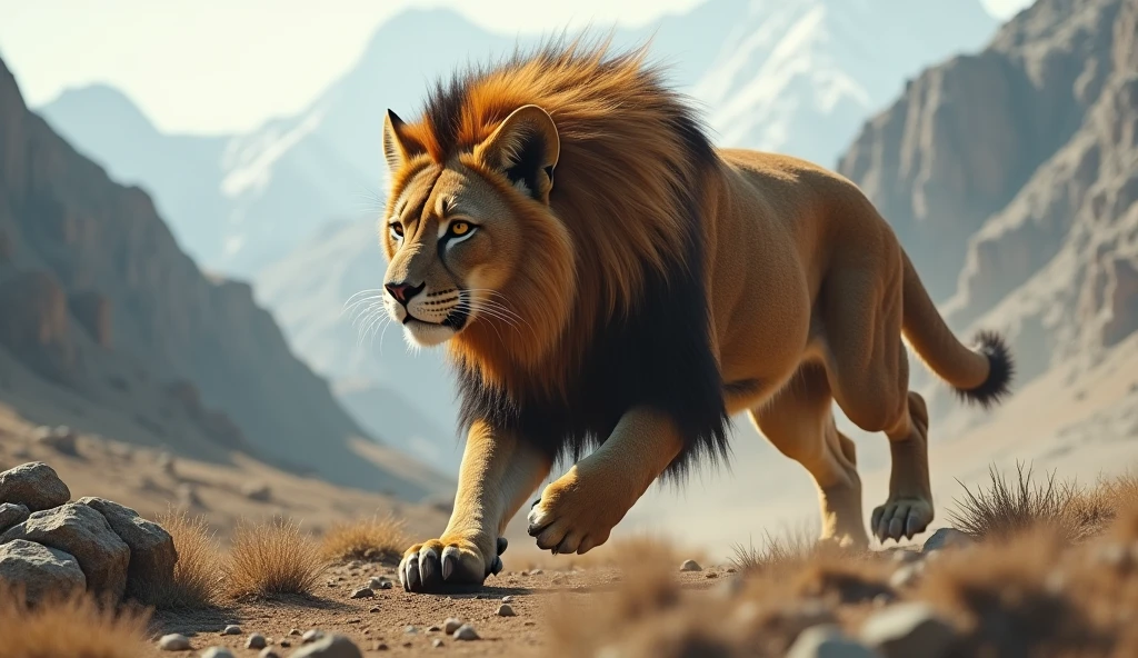 On the bare, plantless mountain there is a wild animal that looks like a mountain cat.，Long, long hair on the head（best quality，4K，8k，High level，masterpiece：1.2），Ultra Detailed，（lifelike，Photo real，Photo real：1.37）