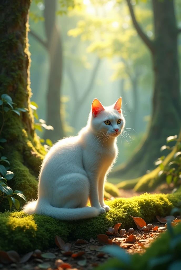 Please draw a white cat in the forest.. Please draw with maximum realism., Like a photograph. background, Don't blur、Draw a vivid picture of a forest.