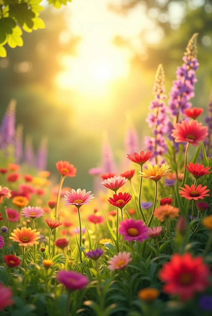 sun shining on swaying colourful flowers