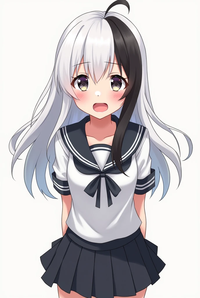 An anime girl with white and nlack hair in school drees with sharp eyes full body in shocked