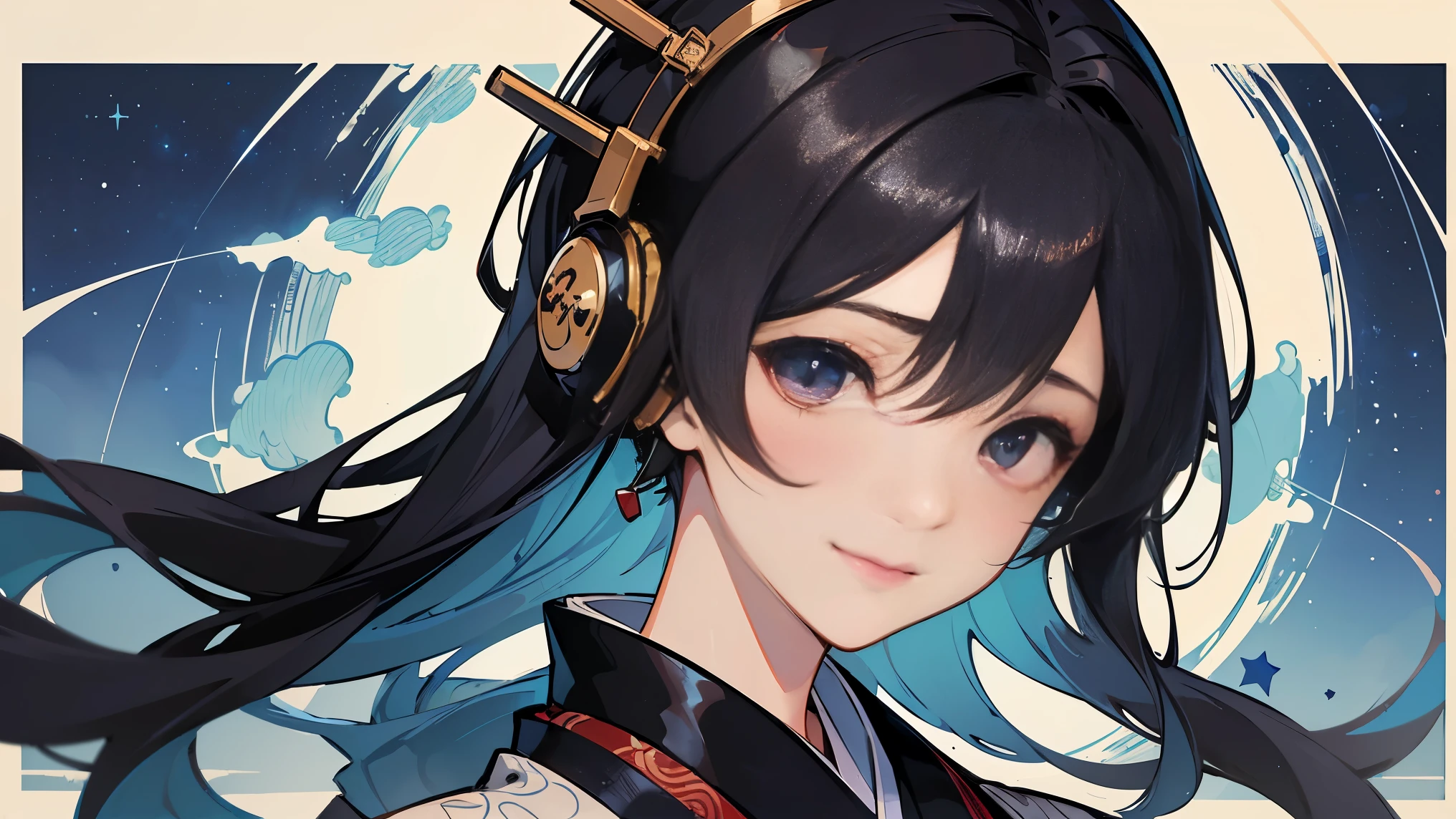 ((Best quality at best)), (hyper-detailing), ((hyper HD)), (High quality face shape), (((tmasterpiece))), A woman who is, Hidden double eyelids, On makeup, ((The beautiful)), (oversize clothes), brunette color hair, japanes, mediuml breasts, Emotions, emotions, ((sad)), (sentimental)), sportrait, the golden ratio, inked, aquarelle, Drop ink, hight contrast, ((headphones)), ((background: night, starry sky)), ((ukiyo-e style)), ((smile)), ((1 girl)), ((bust up)),