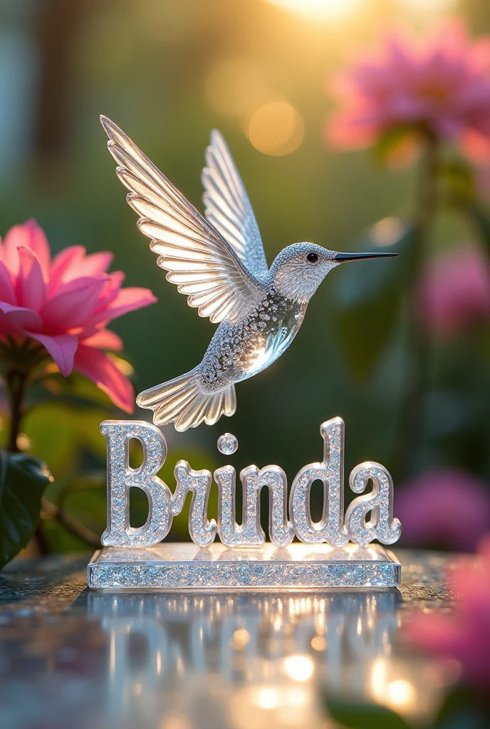A delicate crystal hummingbird perches atop the name "BRINDA" spelled out in sparkling crystal letters, a symbol of grace and freedom, bathed in soft, warm light. [Photorealistic digital art, inspired by the intricate detail of Lalique glass sculptures and the vibrant colors of Gustav Klimt], [Shallow depth of field, focusing on the hummingbird and name, with a soft blur on the background of pink and green foliage, warm lighting with a slight golden hue, slight grain for a vintage feel, and a reflective surface below the sculpture.]