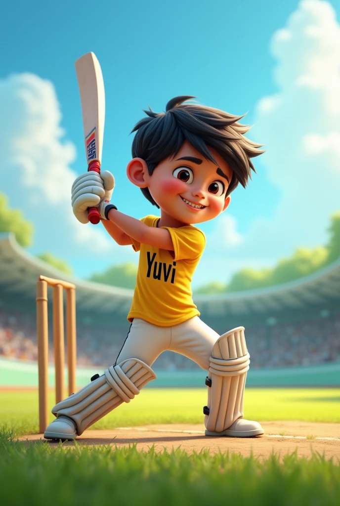 A young boy her name his Yuvi playing cricket mentioned her name in her t shirt