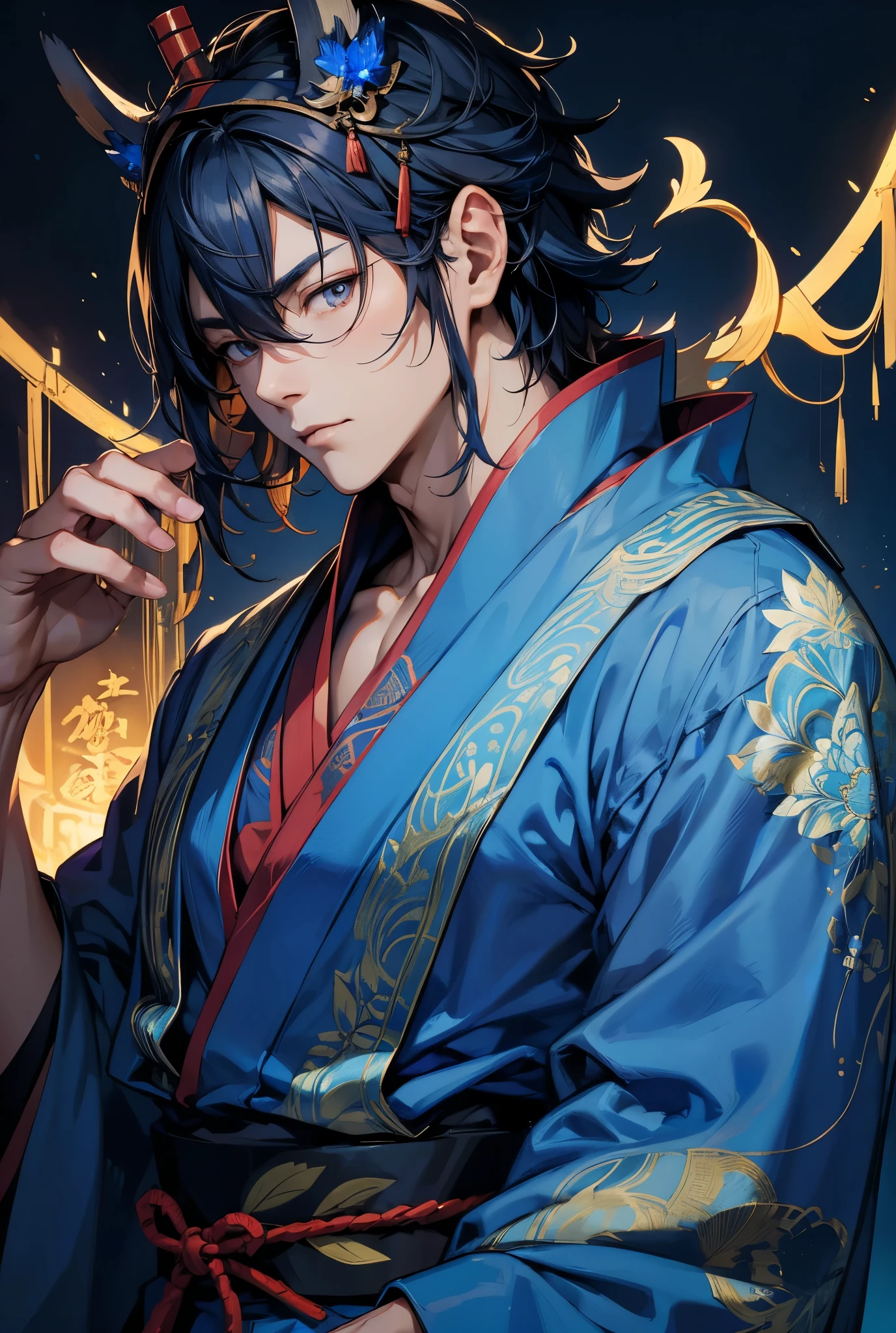Kotoshironushi,Yamabushi (mountain priest)。Upper body close-up。Wearing a blue kimono。The background is a blue glow。He is an attractive male god.。resolution,8k、masterpiece