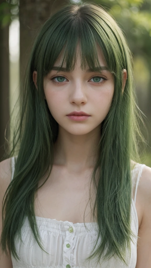 a girl. European. Extremely detailed face. Oval face. Delicate facial features. Half-closed eyes. Long straight hair. Messy hair. Bangs. Green hair. Green eyes. lewd expression. sad mood