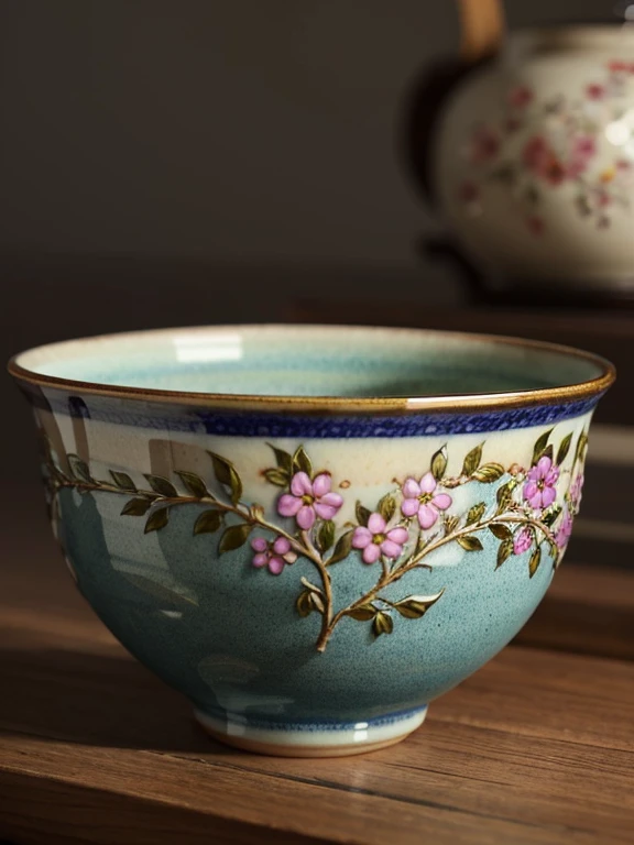 beautiful,Ceramic tea bowl,Detailed,Floral,Manual,Craftsmanship,bright,illumination