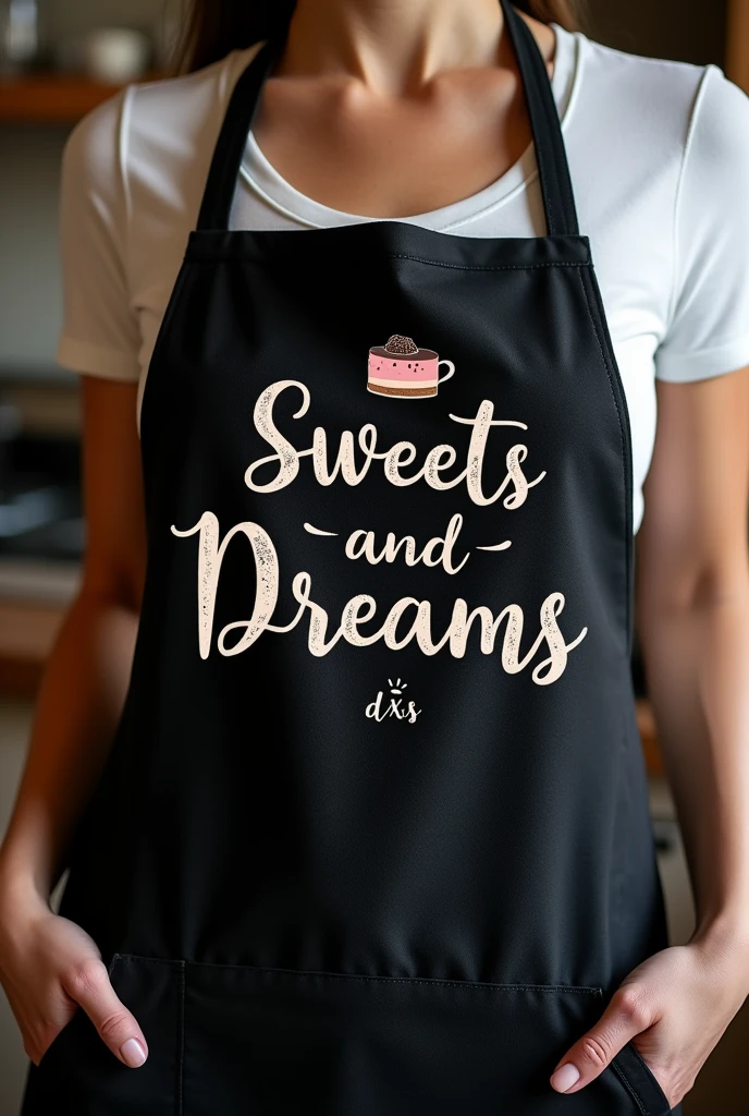 On the black apron it says sweets and dreams in Portuguese, at the bottom it says Dxs