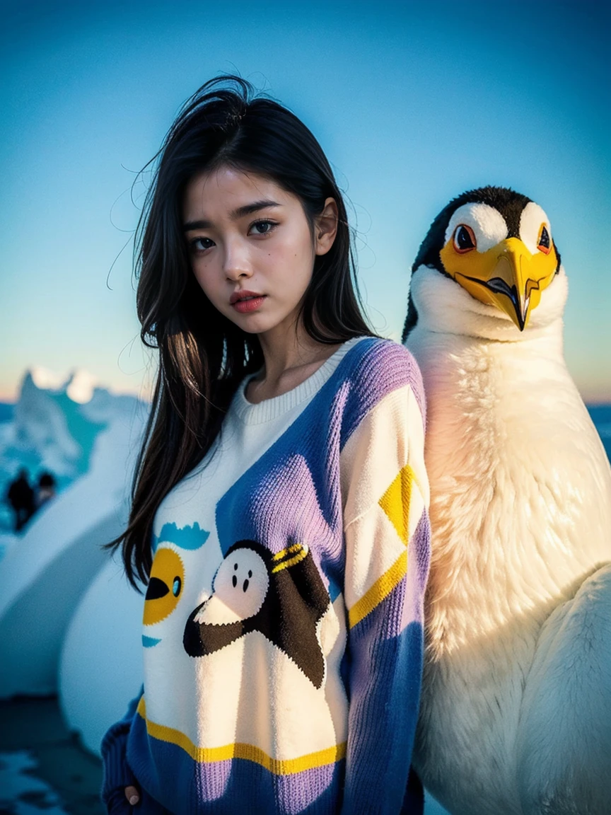 ((Top Quality)), ((Masterpiece)), ((Detail)), ((Colorful: 1.3)), Top half, (Eyeshadow: 1.0), ((Closeup: 1.1)), Saturation high, Strong reflection, Bright colors, Girl heavily foreground, ((Surrealism: 1. 0)), Iceberg warm: Penguin, Young Woman, sweater, iceberg - penguin and young woman in sweater in front of cold iceberg, contrast between warmth and cold,