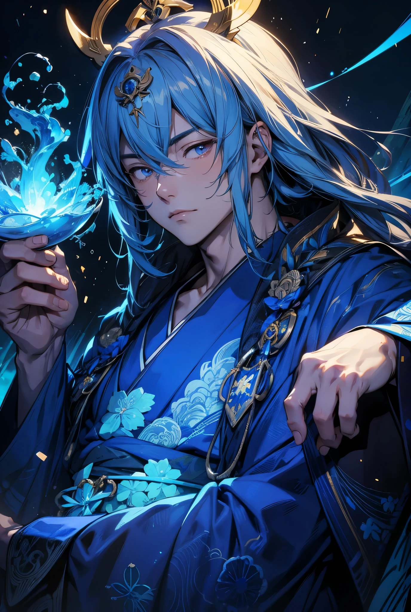 Kotoshironushi,Yamabushi (mountain priest)。Upper body close-up。Wearing a blue kimono。The background is a blue glow。He is an attractive male god.。resolution,8k、masterpiece