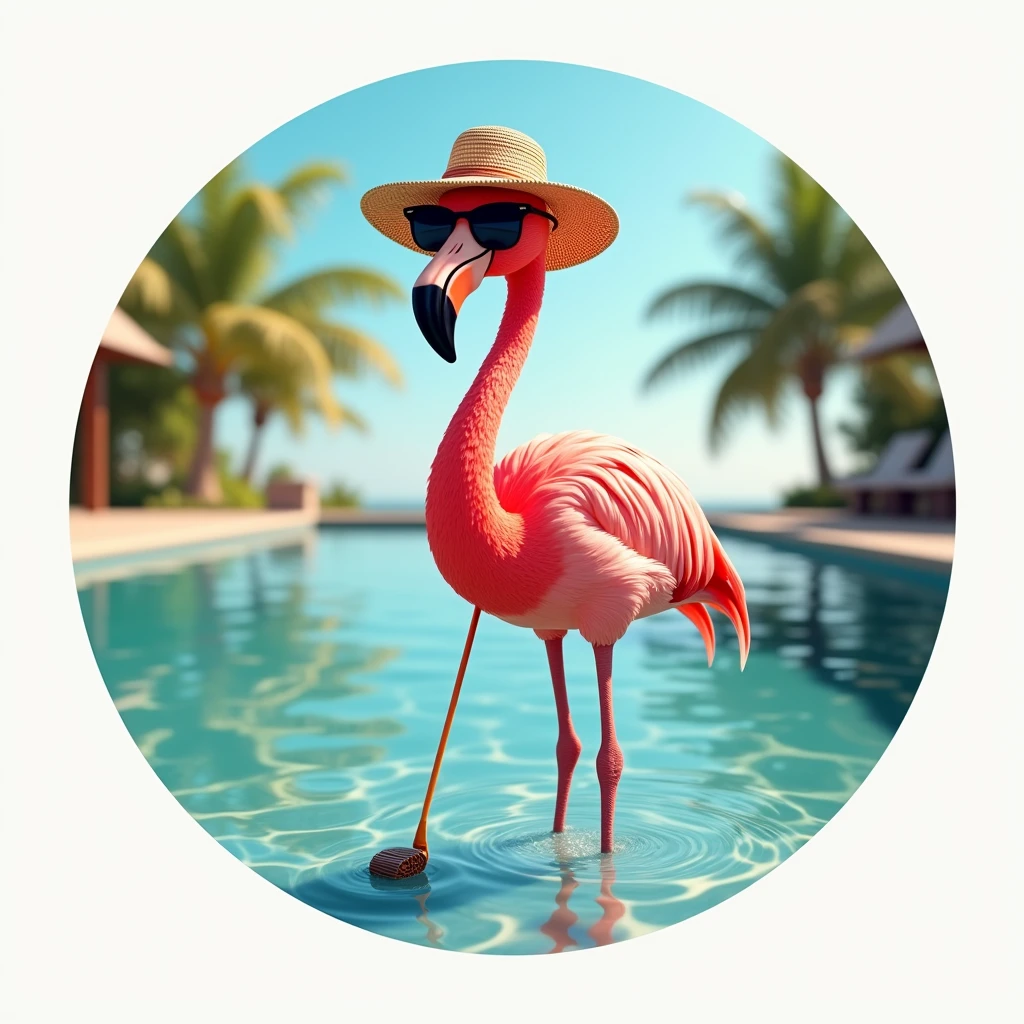 A standing flamingo wearing sunglasses, hat and holding a golf club, Fun and relaxed, the flamingo is standing in a pool, Image inside a circle, Whole body