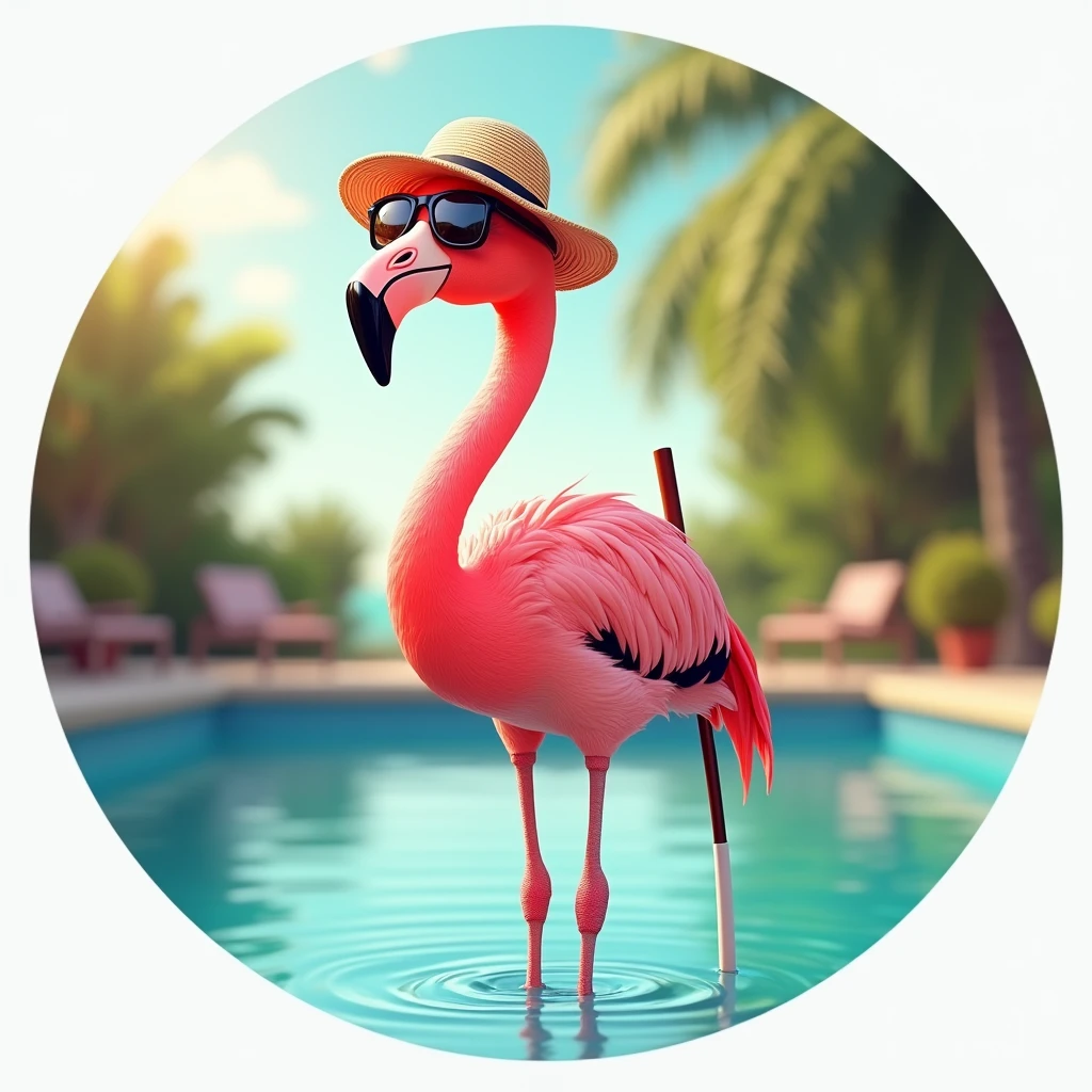 A standing flamingo wearing sunglasses, hat and holding a golf club, Fun and relaxed, the flamingo is standing in a pool, Image inside a circle, Whole body