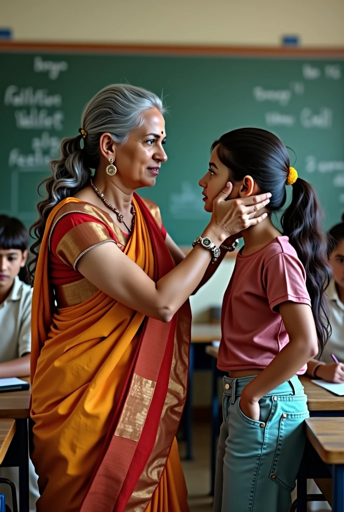 earpulling female Teacher saree