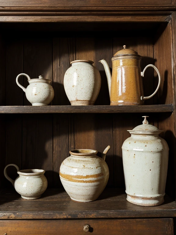 antique,Pottery jar,Cracked,texture,old,Wooden shelf,warm,Calm,atmosphere