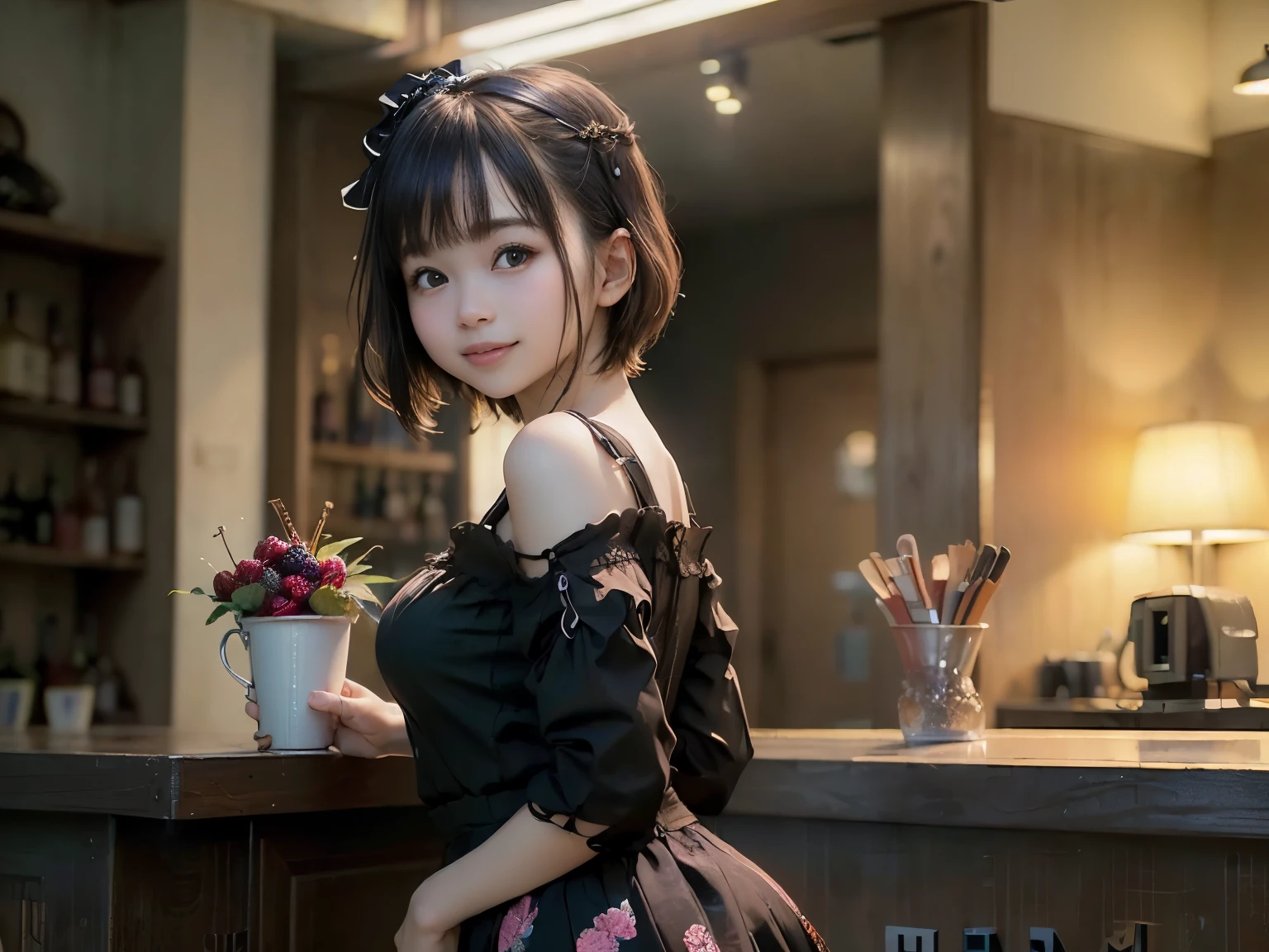 (Highest quality, masterpiece, Ultra-high resolution, 8k, RAW Photos, Realistic, Anatomically correct:1.5), 20-year-old girl:1.2, Embarrassing, avert your eyes, blush:1.0, View Viewer, ((bar)) 、Large windows、Night view、 Light:1.2, Bokeh, Cinema Lighting:1.0, Depth of written boundary, sharp、 Cute Face、Idol、(Black short sleeve lace top)、(Black tulle skirt)、(Black clothing)、(Floral clothes)、”dwarf”、(Full Body Shot)、(Side angle)、Cowboy Shot、( smile)、((Ultra short hair、Berry Short))、(Straight bangs)、((See-through))、(( One woman))、look back、I can see your belly button、