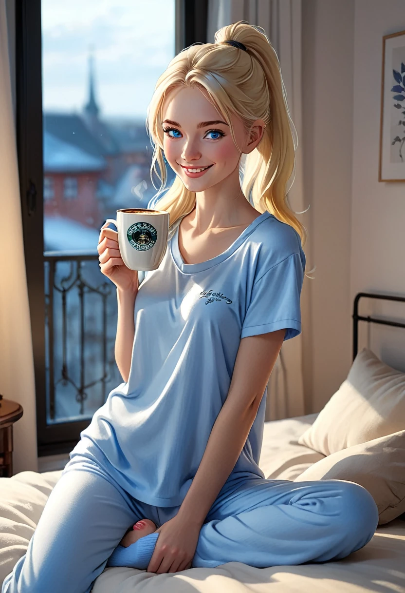 (waking up, smile:1.2),((relaxing with a cup of morning coffee:1.4)),sexy 25 yo blonde Swedish woman with blue eyes. Sexy slim figure, tall, (small natural breasts), beautiful ass. (very pale:1.3), ponytail, very light makeup, t-shirt, pajama pants, fuzzy slippers Masterpiece, (highly detailed:1.2),(detailed face and eyes:1.2), 8k wallpaper, natural lighting lighting. core shadows, high contrast, single light source, bokeh.