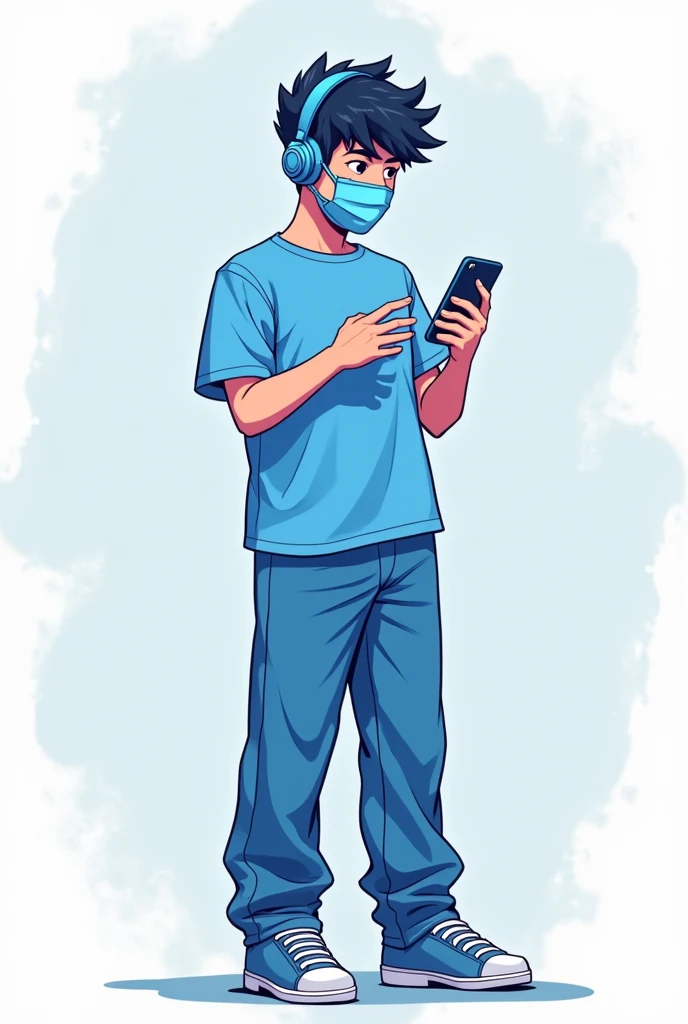  anime boy wearing blue clothes wearing headset and using cellphone using blue mask 