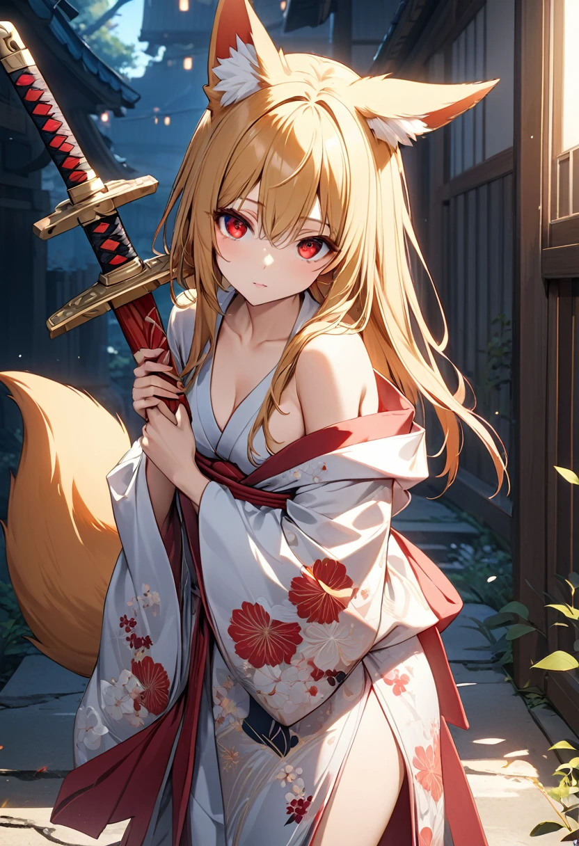 Long hair、Straight Hair、 (Red eyes:1.5), animal ears, tail, GOLD hair, fox ears, fox tail, Casually worn kimono、Holding a Japanese sword、Shining blade,Off the shoulder、胸の谷間 BREAK looking at viewer, BREAK outside, BREAK (masterpiece:1.2), best quality, high resolution, unity 8k wallpaper, (illustration:0.8), (beautiful detailed eyes:1.6), extremely detailed face, perfect lighting, extremely detailed CG, (perfect hands, perfect anatomy),Are standing、Slanted Eyes、whole body