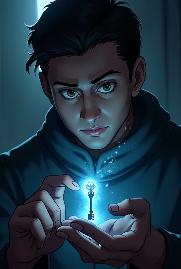 Ali examining the glowing key closely, with a thoughtful look on his face, as if he’s figuring out its magical significance."